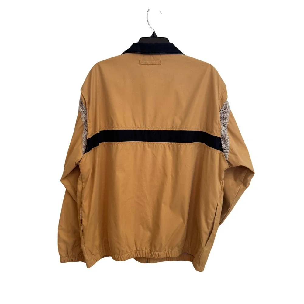 Izod Mens Windbreaker Jacket Tan Navy Blue Stripe Mesh Lined Full Zip Large‎